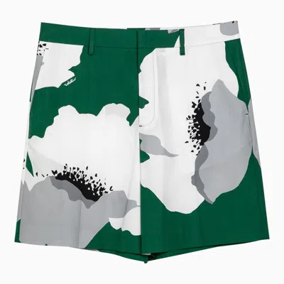 Valentino Flower Portrait Emerald Green/grey Cotton Bermuda Shorts Men In Multicolor