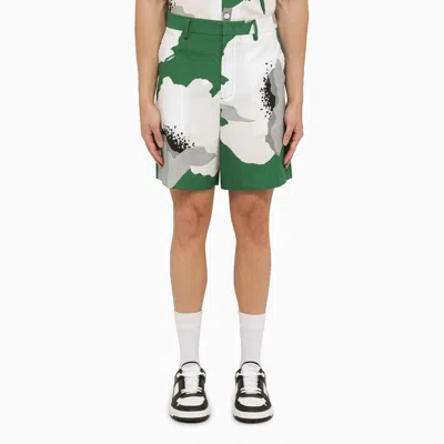 VALENTINO FLOWER PORTRAIT EMERALD GREEN/GREY COTTON BERMUDA SHORTS