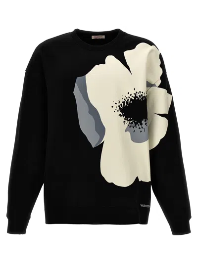 Valentino Cotton Crewneck Sweatshirt With Flower Portrait Print In Black/grey/ivory