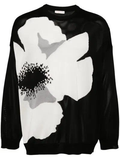 Valentino Crew Neck Floral Design Long Sleeves Sweater In Black