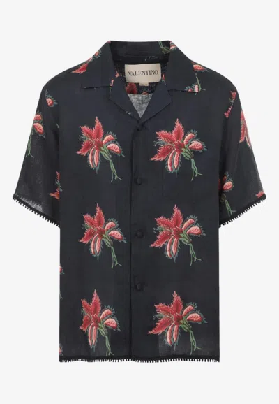 Valentino Camp Collar Shirt Floral Pattern Short Sleeves In Blue