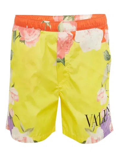 Pre-owned Valentino Flower-print Side-pocket Trousers In Yellow
