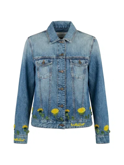 Valentino Flower-embroidered Denim Jacket In Blue