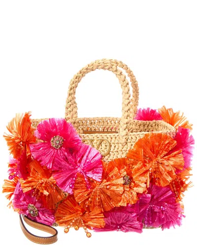 Valentino Garavani Valentino Flowers & Beads Raffia Tote In Sand