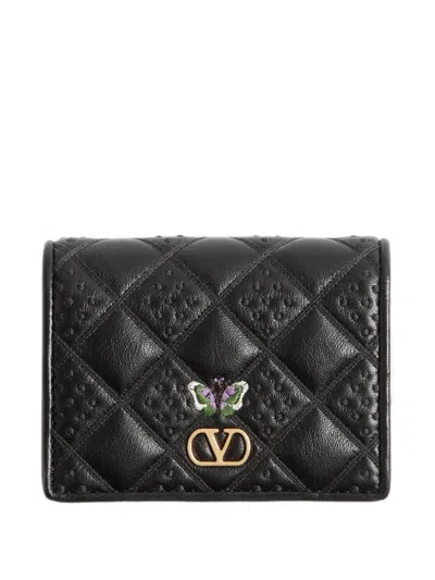 Valentino Garavani Flutterby Wallet In Shiny Nappa Leather With Butterfly Embroidery In Black