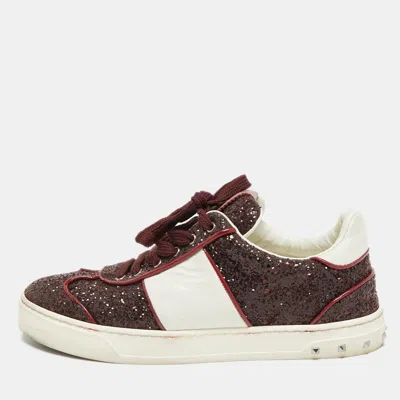Pre-owned Valentino Garavani Fly Crew Size 38 Burgundy/white Glitter And Leather Lace Up Sneakers