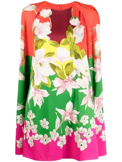 Valentino Flying Flowers Print Cape-sleeve Minidress In Green
