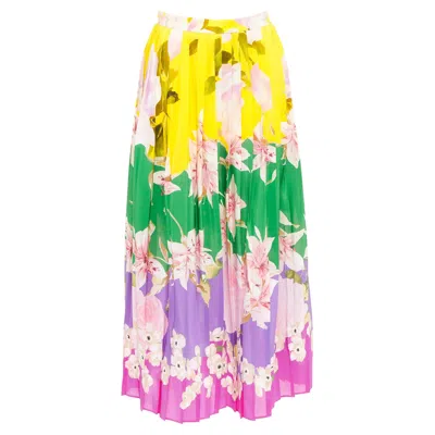 Pre-owned Valentino Flying Flowers Silk Colorblock Pleated Floral Print Midi Skirt It38 Xs In Beige
