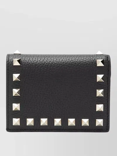 Valentino Garavani Foldable Textured Leather Cardholder Studded Metal In Gray