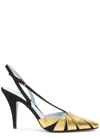 Valentino Garavani Valentino Foliefoliage 90 Suede Slingback Pumps In Gold