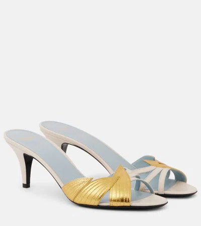 Valentino Garavani Foliage Leather Mules In Light Ivory/old Gold