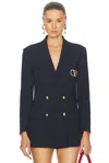 Valentino Virgin Wool Double Breasted Blazer With Metallic Monogram In Navy