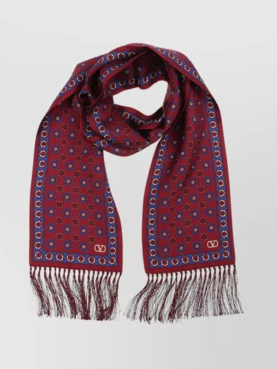 Valentino Fringe Detail Patterned Rectangular Scarf In Red