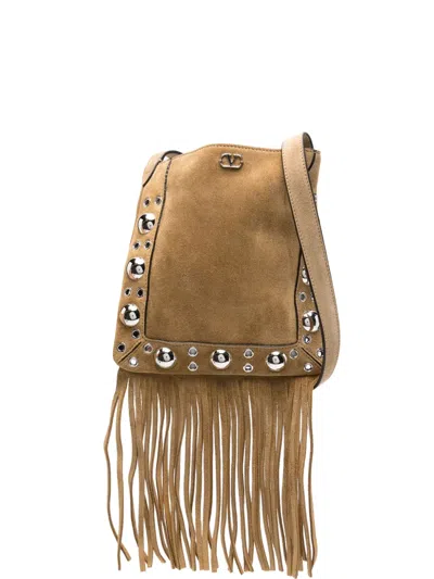Valentino Garavani Fringe-embellished Eyelet Shoulder Bag In Brown