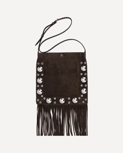 Valentino Garavani Fringed Suede Shoulder Bag With Adjustable Strap In Brown