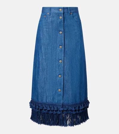 Valentino Fringed Denim Midi Skirt In Blue