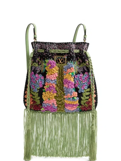VALENTINO GARAVANI FRINGED EMBROIDERED DRAWSTRING BAG