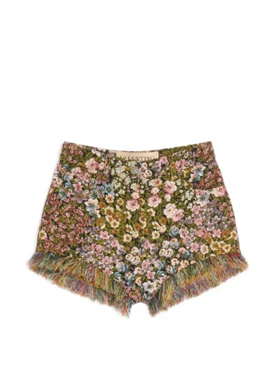 Valentino Fringed Floral-print Shorts In Brown