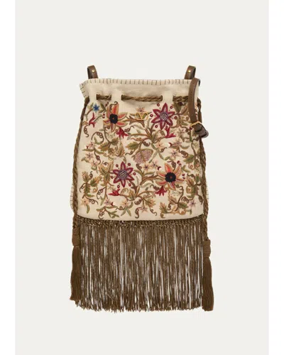 Valentino Garavani Fringed Floral-embroidered Pouch Shoulder Bag In Natural