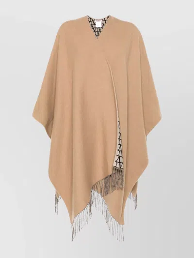 Valentino Fringed Geometric Jacquard Cape Poncho In Nude