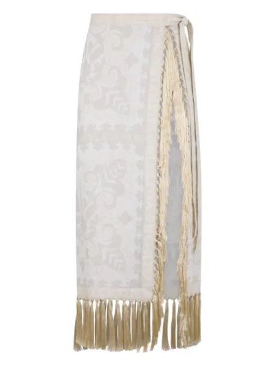 Valentino Fringed Patterned Midi Skirt In Neutral