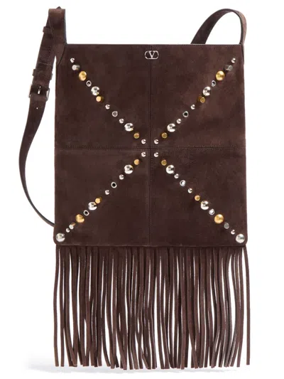 Valentino Garavani Suede Shoulder Bag With Fringes And Metal Details In Brown