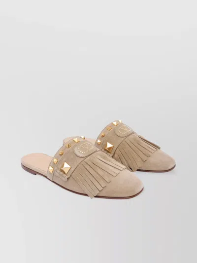 Valentino Garavani Fringed Studded Suede Mules In Beige