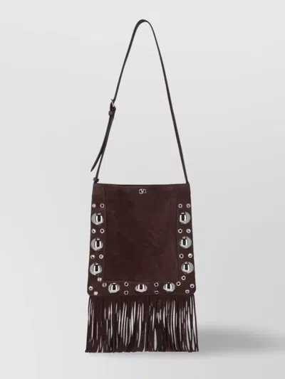 Valentino Garavani Fringed Suede Shoulder Bag With Adjustable Strap In Brown