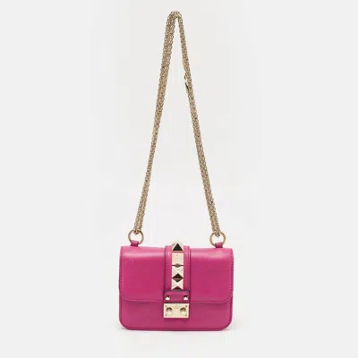 Pre-owned Valentino Garavani Fuchsia Leather Mini Rockstud Glam Lock Shoulder Bag In Pink