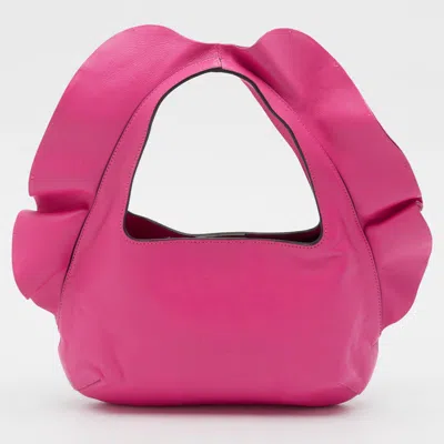Pre-owned Valentino Garavani Fuchsia Leather Rouches Atelier 04 Hobo In Pink