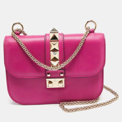 Pre-owned Valentino Garavani Fuchsia Leather Small Rockstud Glam Lock Flap Bag In Pink