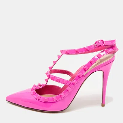Pre-owned Valentino Garavani Fuchsia Pink Patent Leather Rockstud Caged Ankle Strap Pumps Size 41