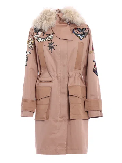 VALENTINO FUR TRIM TATTOO EMBROIDERED PARKA