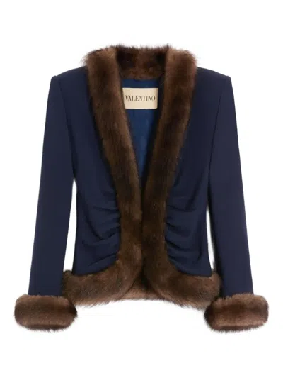 Valentino Garavani Indigo Crepe Jacket With Shearling Trim In Blue