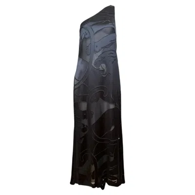 Pre-owned Valentino F/w 2001 Black Panther Satin One Shoulder Gown