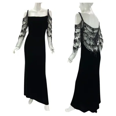 Pre-owned Valentino F/w 2003 Black Velvet 20s Inspired Beaded Gatsby Maxi Dress Gown Us 8
