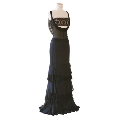 Pre-owned Valentino F/w 2004 Beaded Sheer Crop Top And Black Maxi Ruffle Silk Skirt Dress