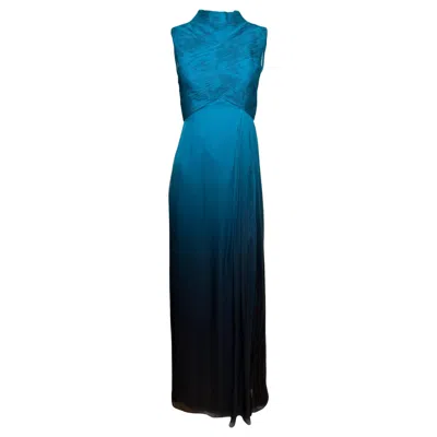 Pre-owned Valentino F/w 2009 Teal-to-black Ombré Ruched Silk Sleeveless Gown In Blue