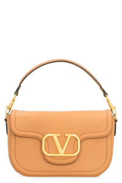 Valentino Garavani Almond Beige Calf Leather Alltime Shoulder Bag In Brown