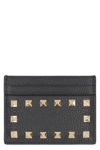 Valentino Garavani Rockstud Leather Card Holder In Black