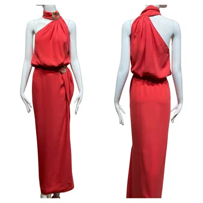 Pre-owned Valentino Garavani 1986 Vintage Red Silk Dress With Jeweled Collar