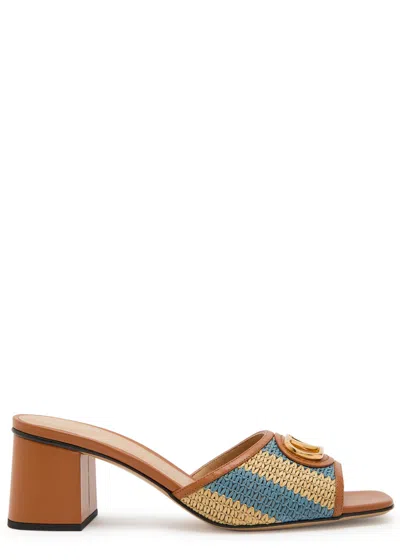 Valentino Garavani Vlogo Signature 60 Leather-trimmed Striped Raffia Mules In Blue
