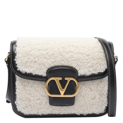 Valentino Garavani 9 To 5 Small Shearling And Leather Shoulder Bag In White