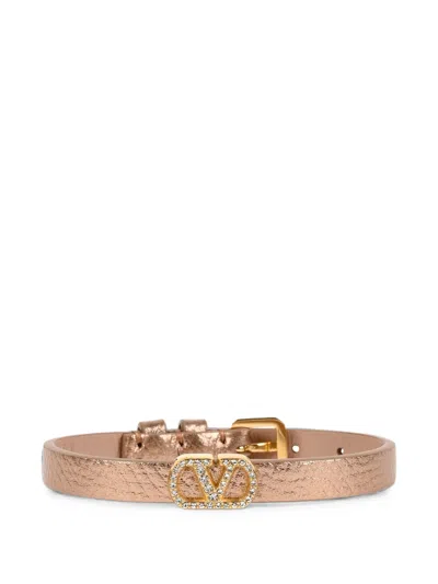 Valentino Garavani Adjustable Laminated Leather Strap With Double Loop And Swarovski Crystals In Pink