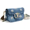 Valentino Alltime Medium Embroidered Denim Shoulder Bag With Embroidered Ribbon Strap In Multi