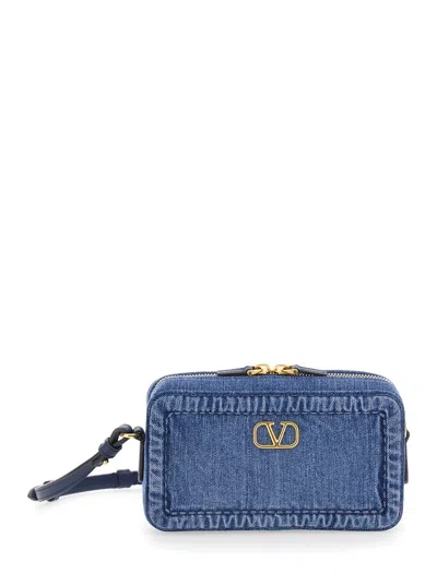 Valentino Garavani 'alltime Mini' Blue Crossbody Bag With Metallic Vlogo On The Front In Denim Woman