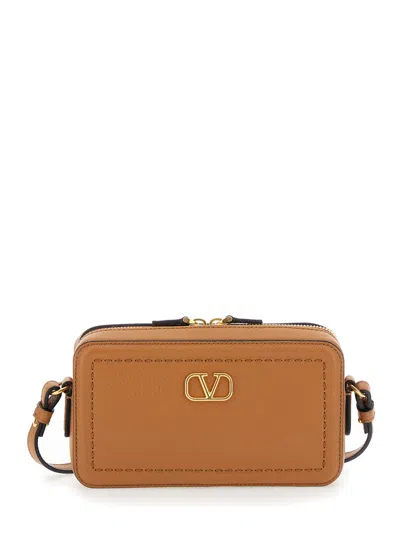 Valentino Garavani 'alltime Mini' Brown Crossbody Bag With Metallic Vlogo On The Front In Hammered L