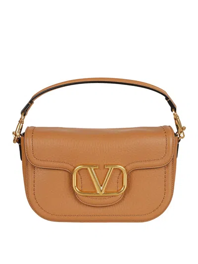 Valentino Garavani Almond Beige Calf Leather Alltime Shoulder Bag In Brown