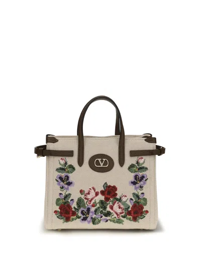 Valentino Garavani Antibes Mini Handbag In Embroidered Linen In Pink