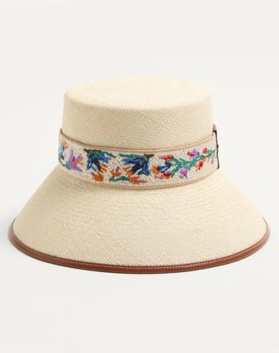 VALENTINO GARAVANI VALENTINO GARAVANI ANTIBES STRAW BUCKET HAT WITH LEATHER TRIM AND RAMAGE RIBBON WOMAN NATURAL/SADDLE